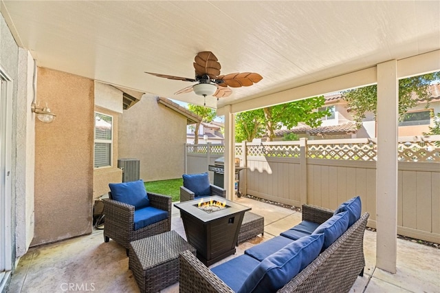 3732 Calle Monada, Riverside, CA 92503 - view of patio / terrace with area for grilling, an outdoor living space with a fire pit, and ceiling fan