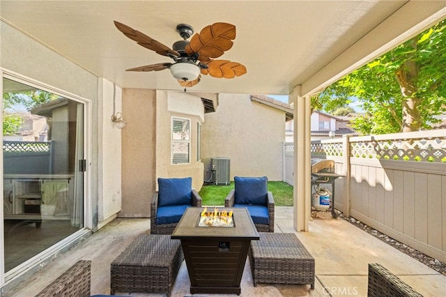 3732 Calle Monada, Riverside, CA 92503 - view of patio / terrace featuring ceiling fan, an outdoor living space with a fire pit, and grilling area