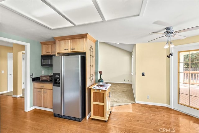 10 Roseanna Ct, Chico, CA 95973 - kitchen with stainless steel fridge with ice dispenser, a ceiling fan, light wood-type flooring, black microwave, and dark countertops