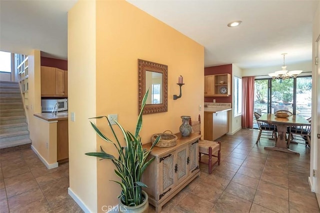 1410 Verde Canyon Rd, Arroyo Grande, CA 93420 - corridor with stairway, a chandelier, and recessed lighting