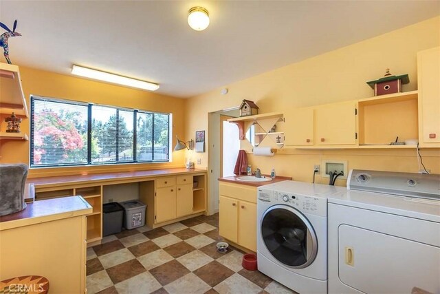 1410 Verde Canyon Rd, Arroyo Grande, CA 93420 - laundry room with washing machine and dryer, cabinet space, light flooring, and a desk