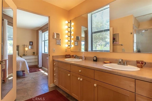 1410 Verde Canyon Rd, Arroyo Grande, CA 93420 - full bathroom with double vanity, a stall shower, and tile patterned flooring