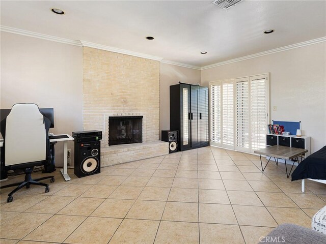 13404 Arcturus Ave, Gardena, CA 90249 - home office featuring tile patterned floors, a brick fireplace, and crown molding