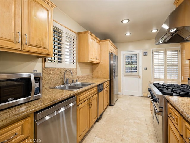 13404 Arcturus Ave, Gardena, CA 90249 - kitchen featuring appliances with stainless steel finishes, island range hood, light tile patterned flooring, recessed lighting, and light stone countertops