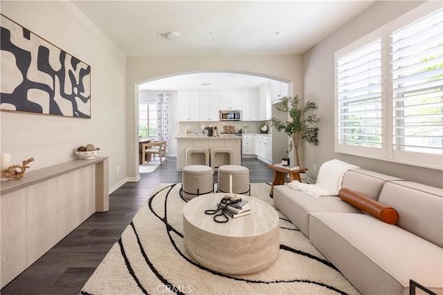 134 Milky Way, Irvine, CA 92618 - living room featuring arched walkways and dark wood-style floors