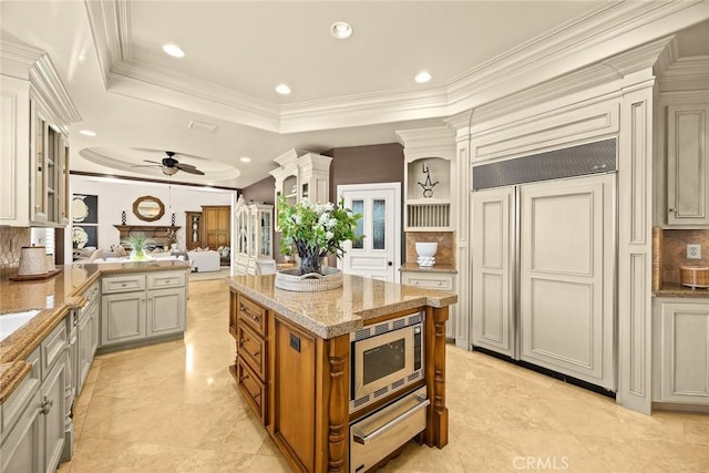 2786 E California Blvd, Pasadena, CA 91107 - kitchen with built in appliances, a warming drawer, a ceiling fan, decorative backsplash, and recessed lighting
