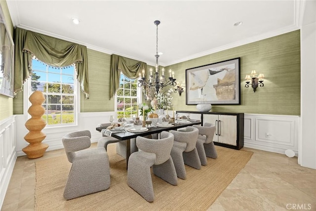 2786 E California Blvd, Pasadena, CA 91107 - dining room featuring wallpapered walls, a wainscoted wall, a chandelier, a decorative wall, and ornamental molding