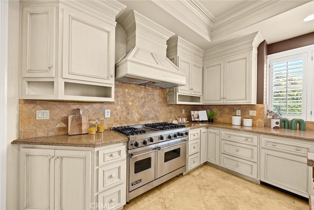 2786 E California Blvd, Pasadena, CA 91107 - kitchen with range with two ovens, custom exhaust hood, decorative backsplash, stone countertops, and crown molding