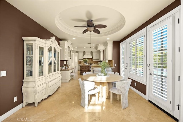 2786 E California Blvd, Pasadena, CA 91107 - dining space featuring a ceiling fan, crown molding, a raised ceiling, recessed lighting, and light tile patterned floors