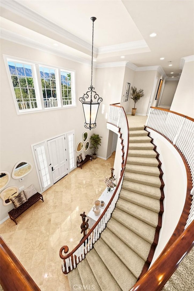 2786 E California Blvd, Pasadena, CA 91107 - stairway with crown molding, a tray ceiling, recessed lighting, and tile patterned flooring
