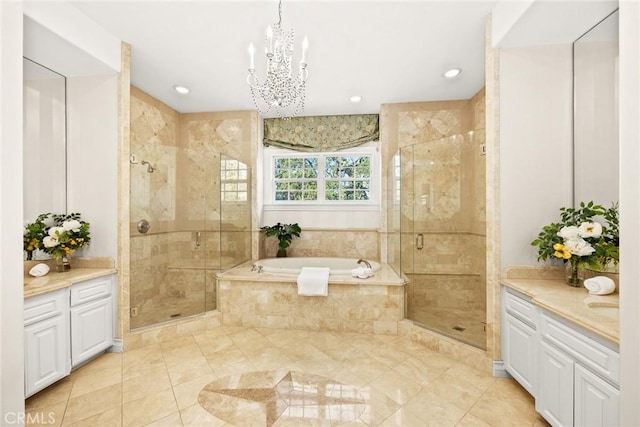 2786 E California Blvd, Pasadena, CA 91107 - full bath with a bath, a shower stall, vanity, a chandelier, and recessed lighting