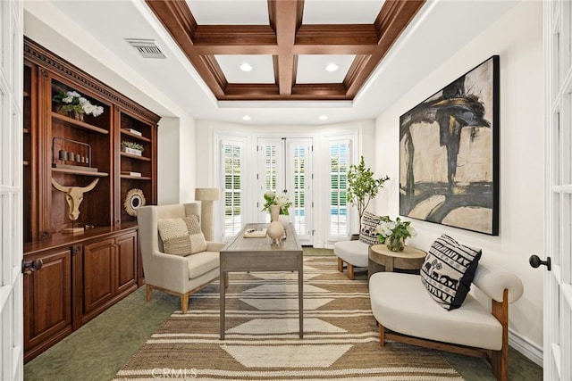 2786 E California Blvd, Pasadena, CA 91107 - living area featuring coffered ceiling, beamed ceiling, carpet, ornamental molding, and recessed lighting