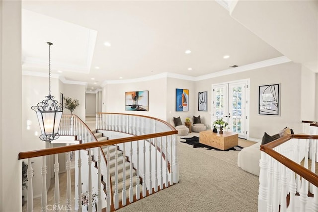 2786 E California Blvd, Pasadena, CA 91107 - hall with an upstairs landing, a chandelier, recessed lighting, crown molding, and carpet floors