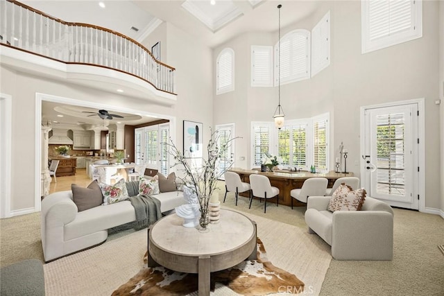 2786 E California Blvd, Pasadena, CA 91107 - living room featuring crown molding, a towering ceiling, light colored carpet, ceiling fan, and recessed lighting