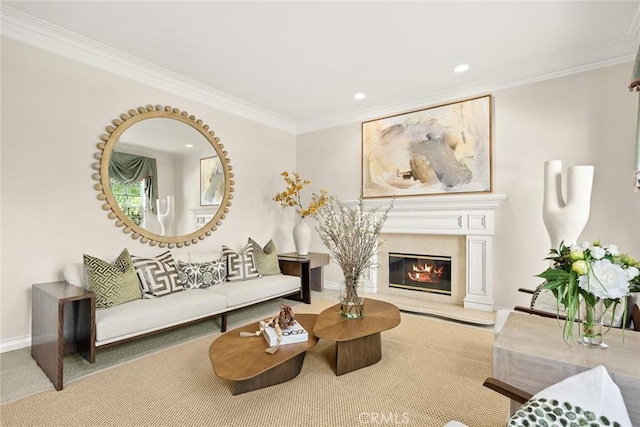 2786 E California Blvd, Pasadena, CA 91107 - living room featuring crown molding, recessed lighting, a premium fireplace, and carpet flooring