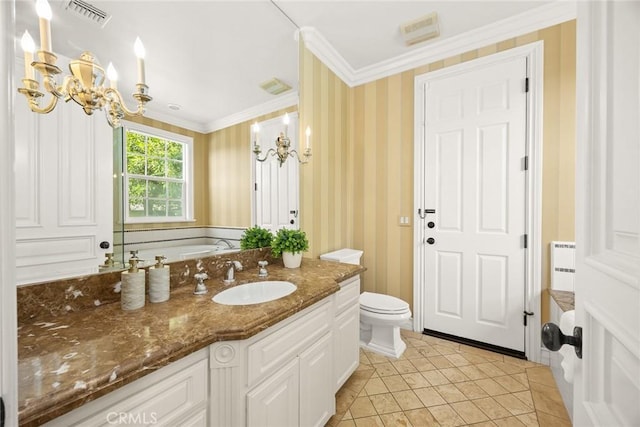 2786 E California Blvd, Pasadena, CA 91107 - bathroom with radiator, vanity, a garden tub, tile patterned floors, and a chandelier
