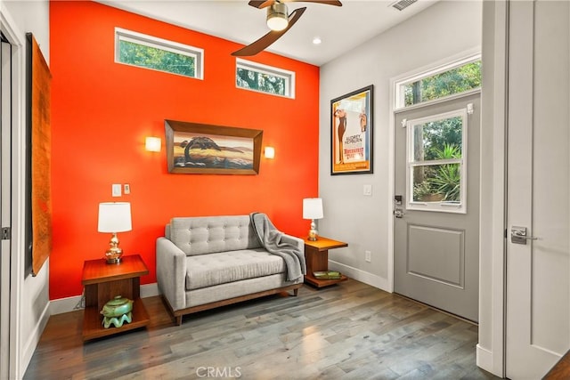 6557 Clybourn Ave, North Hollywood, CA 91606 - living area with a ceiling fan, plenty of natural light, wood finished floors, recessed lighting, and a towering ceiling