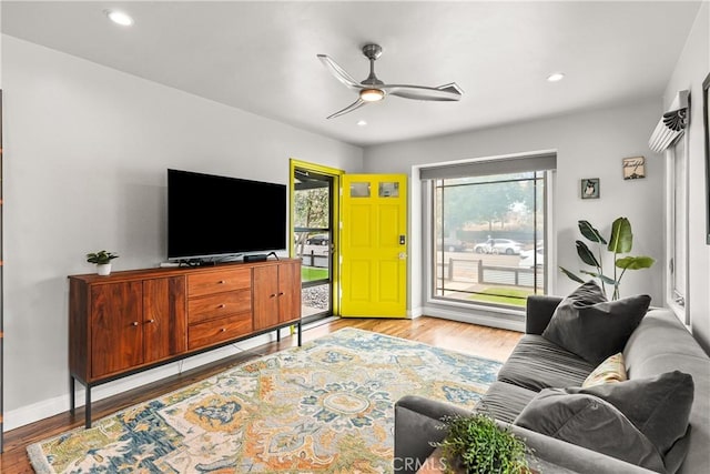6557 Clybourn Ave, North Hollywood, CA 91606 - living room featuring a ceiling fan, wood finished floors, and recessed lighting