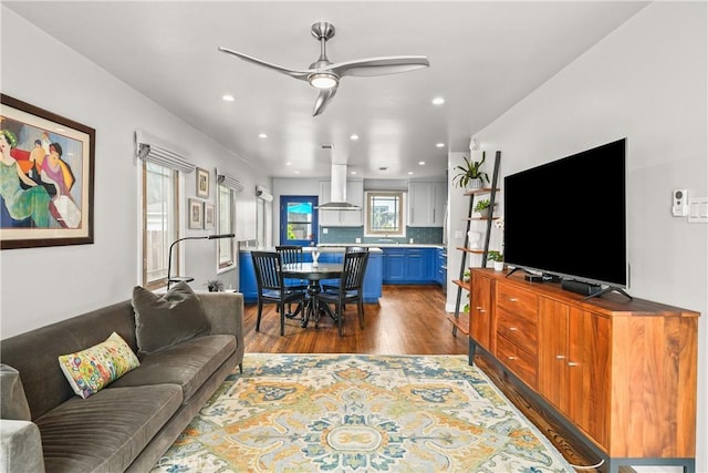 6557 Clybourn Ave, North Hollywood, CA 91606 - living room with dark wood-type flooring, a ceiling fan, and recessed lighting