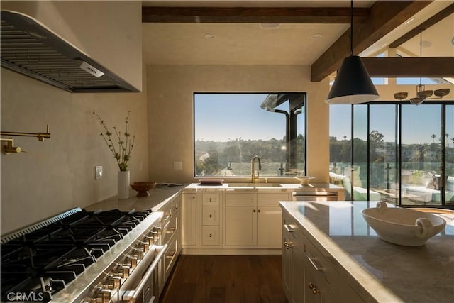 3733 Northland Dr, View Park, CA 90008 - kitchen with range hood, stainless steel appliances, beam ceiling, dark wood-style floors, and hanging light fixtures