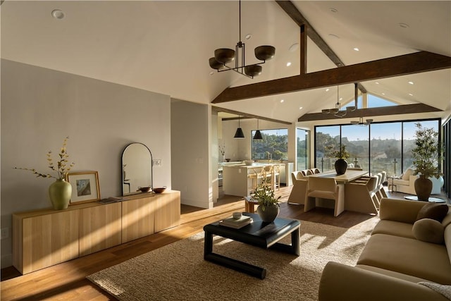 3733 Northland Dr, View Park, CA 90008 - living room featuring a chandelier, wood finished floors, beam ceiling, high vaulted ceiling, and recessed lighting