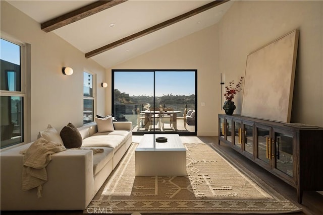 3733 Northland Dr, View Park, CA 90008 - living area with beamed ceiling, high vaulted ceiling, and wood finished floors