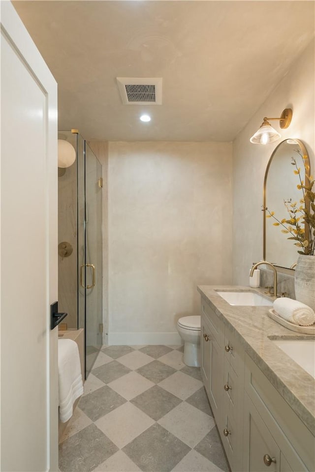3733 Northland Dr, View Park, CA 90008 - bathroom featuring a stall shower, double vanity, and recessed lighting