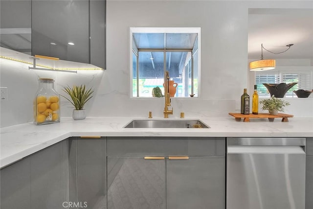 5221 Farago Ave, Temple City, CA 91780 - kitchen with gray cabinetry, dishwasher, modern cabinets, and decorative backsplash