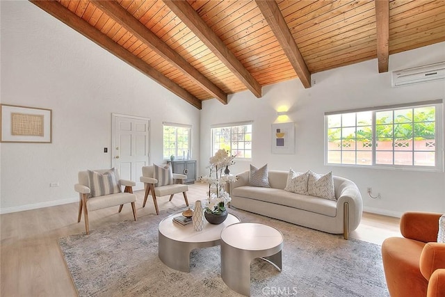 5221 Farago Ave, Temple City, CA 91780 - living area featuring light wood finished floors, a wooden ceiling with exposed beams, and high vaulted ceiling