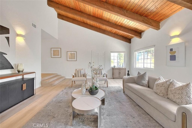 5221 Farago Ave, Temple City, CA 91780 - living area with a wooden ceiling with exposed beams, light wood-style floors, and high vaulted ceiling