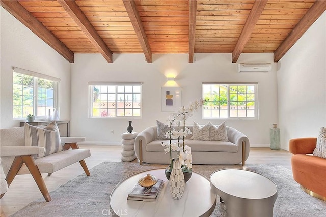 5221 Farago Ave, Temple City, CA 91780 - living room featuring light wood-type flooring, wood ceiling, and an AC wall unit