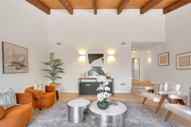 5221 Farago Ave, Temple City, CA 91780 - living area with wood finished floors, a wooden ceiling with exposed beams, and a high ceiling