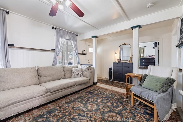 435 S Palm Ave, Santa Paula, CA 93060 - living room featuring ornate columns, a ceiling fan, and tile patterned flooring