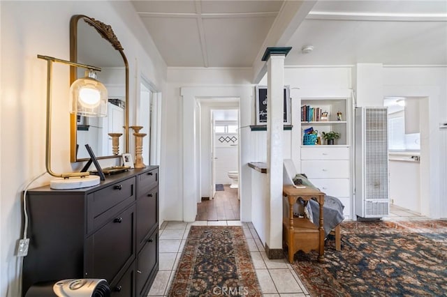 435 S Palm Ave, Santa Paula, CA 93060 - hall with a heating unit, light tile patterned floors, coffered ceiling, and beamed ceiling