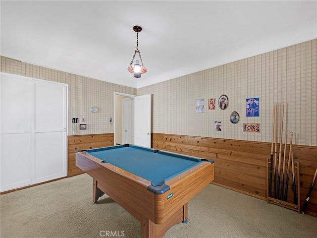 2345 22nd St, Santa Monica, CA 90405 - recreation room featuring wallpapered walls, wainscoting, light colored carpet, billiards, and wood walls