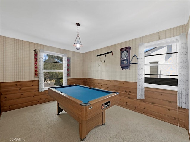 2345 22nd St, Santa Monica, CA 90405 - playroom with wallpapered walls, wainscoting, carpet floors, pool table, and wooden walls