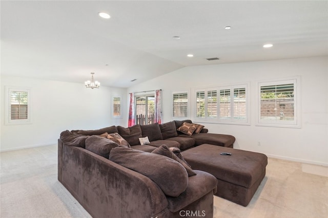 29184 Tree House, Lake Elsinore, CA 92530 - living area featuring light carpet, vaulted ceiling, a chandelier, and recessed lighting