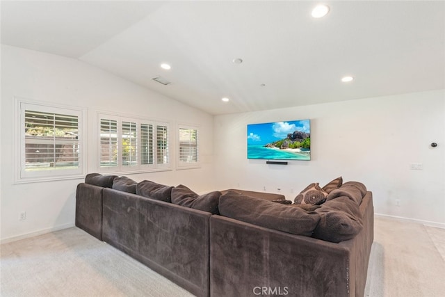 29184 Tree House, Lake Elsinore, CA 92530 - living area featuring light colored carpet, vaulted ceiling, and recessed lighting