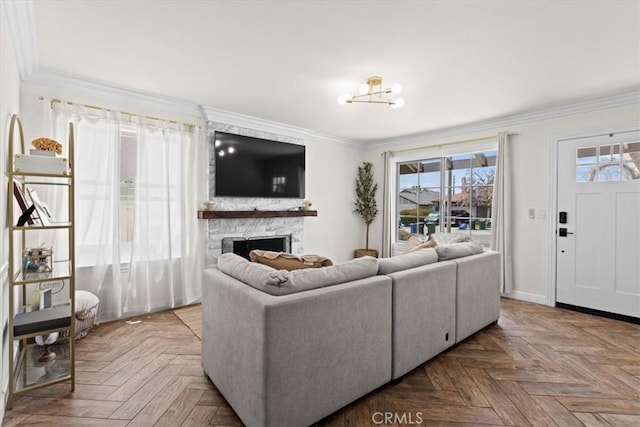 4332 Fairbrook Ln, Moorpark, CA 93021 - living room with a fireplace and crown molding