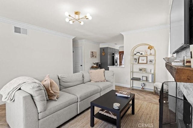 4332 Fairbrook Ln, Moorpark, CA 93021 - living room with a chandelier and crown molding
