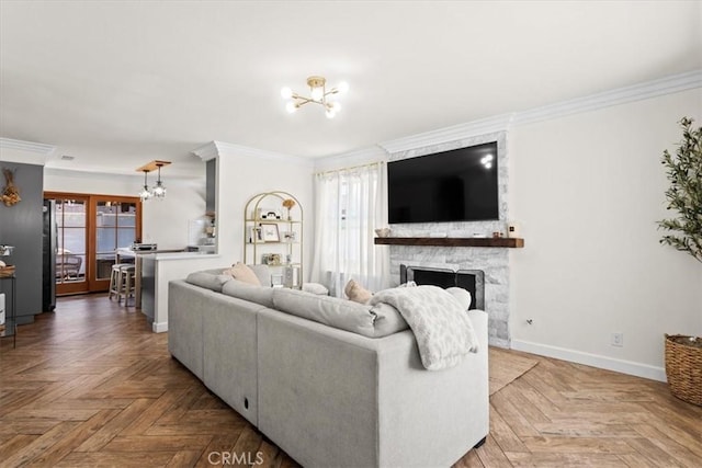 4332 Fairbrook Ln, Moorpark, CA 93021 - living room featuring a chandelier, a fireplace, and crown molding