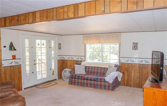 46424 Baldpate Ln, Squaw Valley, CA 93675 - living area featuring carpet floors, a wainscoted wall, and wood walls