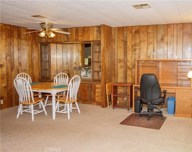 46424 Baldpate Ln, Squaw Valley, CA 93675 - home office with wooden walls, carpet, and ceiling fan
