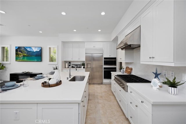 138 Jayhawk, Irvine, CA 92602 - kitchen featuring appliances with stainless steel finishes, under cabinet range hood, white cabinetry, light countertops, and recessed lighting