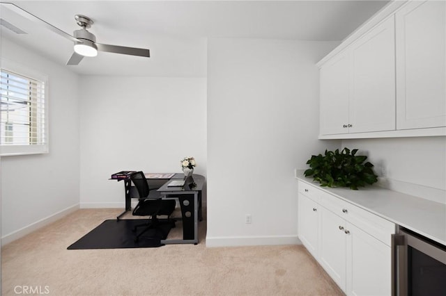 138 Jayhawk, Irvine, CA 92602 - home office featuring beverage cooler, light colored carpet, and ceiling fan