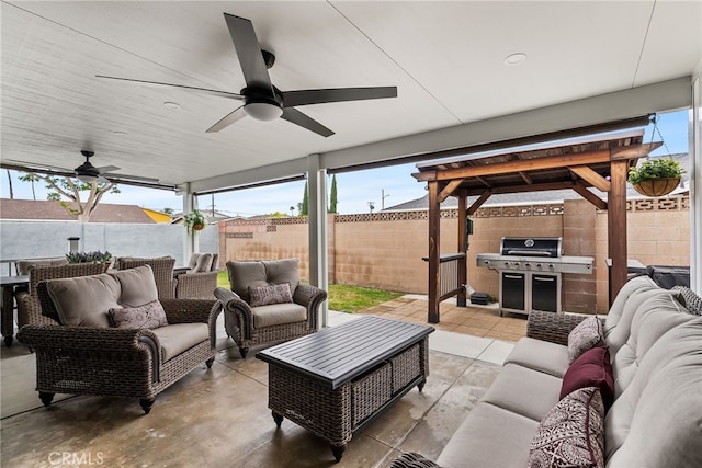 10041 Margo Ln, Westminster, CA 92683 - fenced backyard with outdoor lounge area, area for grilling, ceiling fan, and a patio