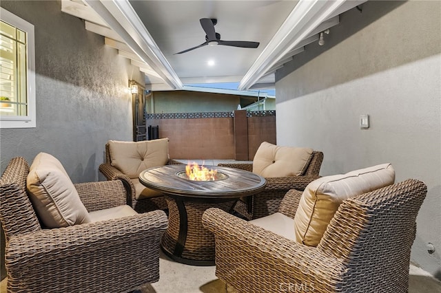 10041 Margo Ln, Westminster, CA 92683 - sitting room with a textured wall, a ceiling fan, and beamed ceiling