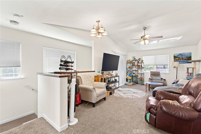 1654 E Ave, Chico, CA 95926 - living area featuring carpet, healthy amount of natural light, a ceiling fan, lofted ceiling, and a chandelier