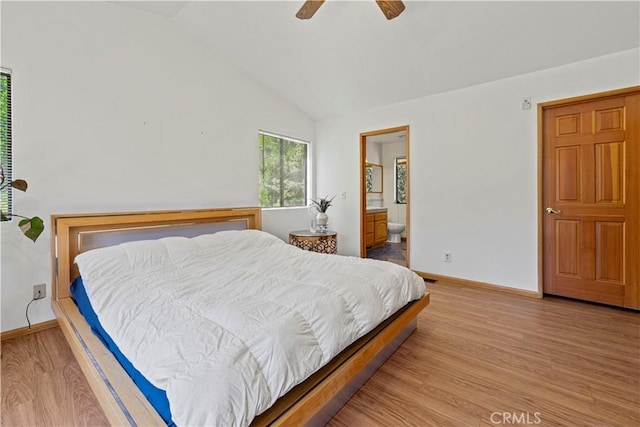 1104 Snowbird Dr, Frazier Park, CA 93225 - bedroom featuring vaulted ceiling, wood finished floors, ensuite bath, and a ceiling fan