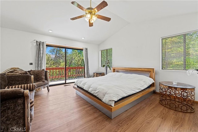 1104 Snowbird Dr, Frazier Park, CA 93225 - bedroom featuring access to exterior, wood finished floors, lofted ceiling, ceiling fan, and recessed lighting